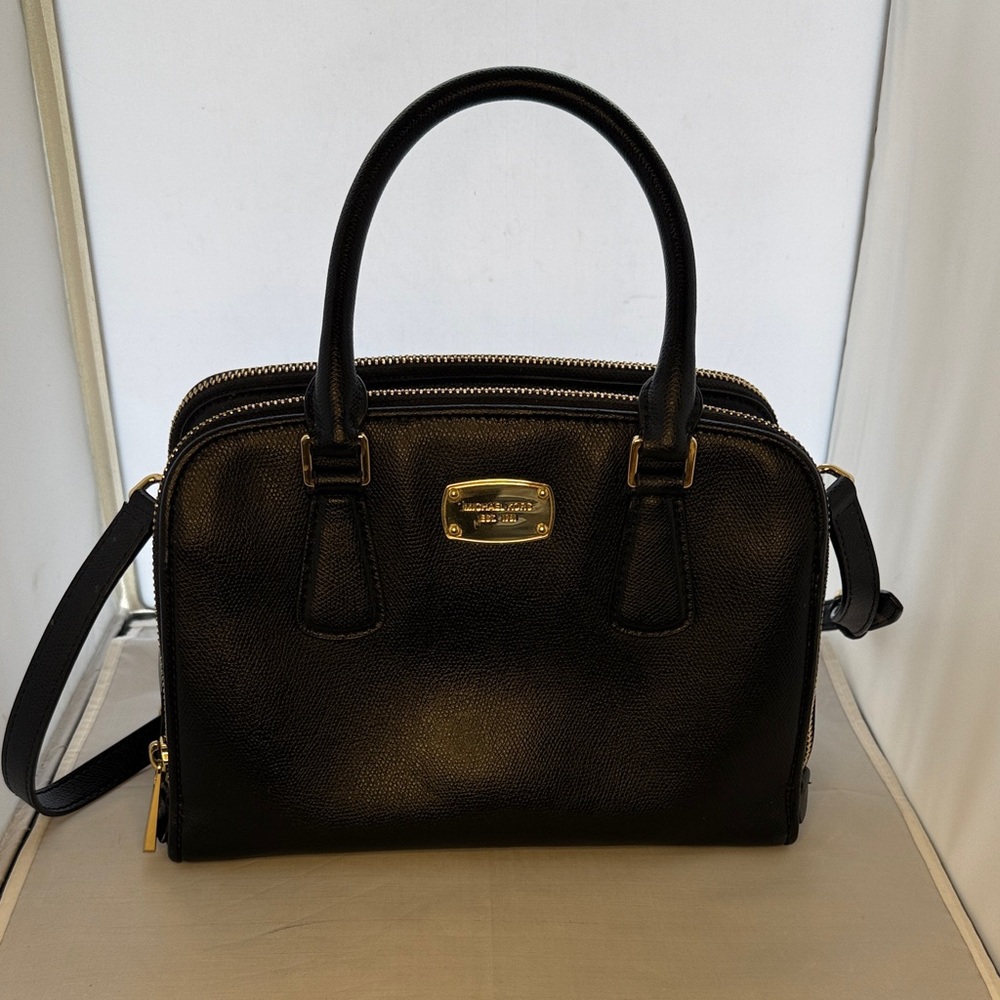 Michael Kors Black Satchel with Gold Accents Shoulder Strap double zipper
